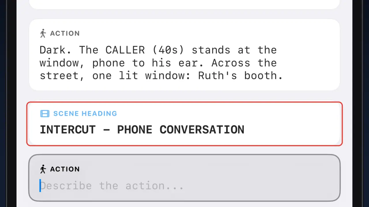 The Scenarist editor: the caller's action line, then INTERCUT - PHONE CONVERSATION entered as a scene heading