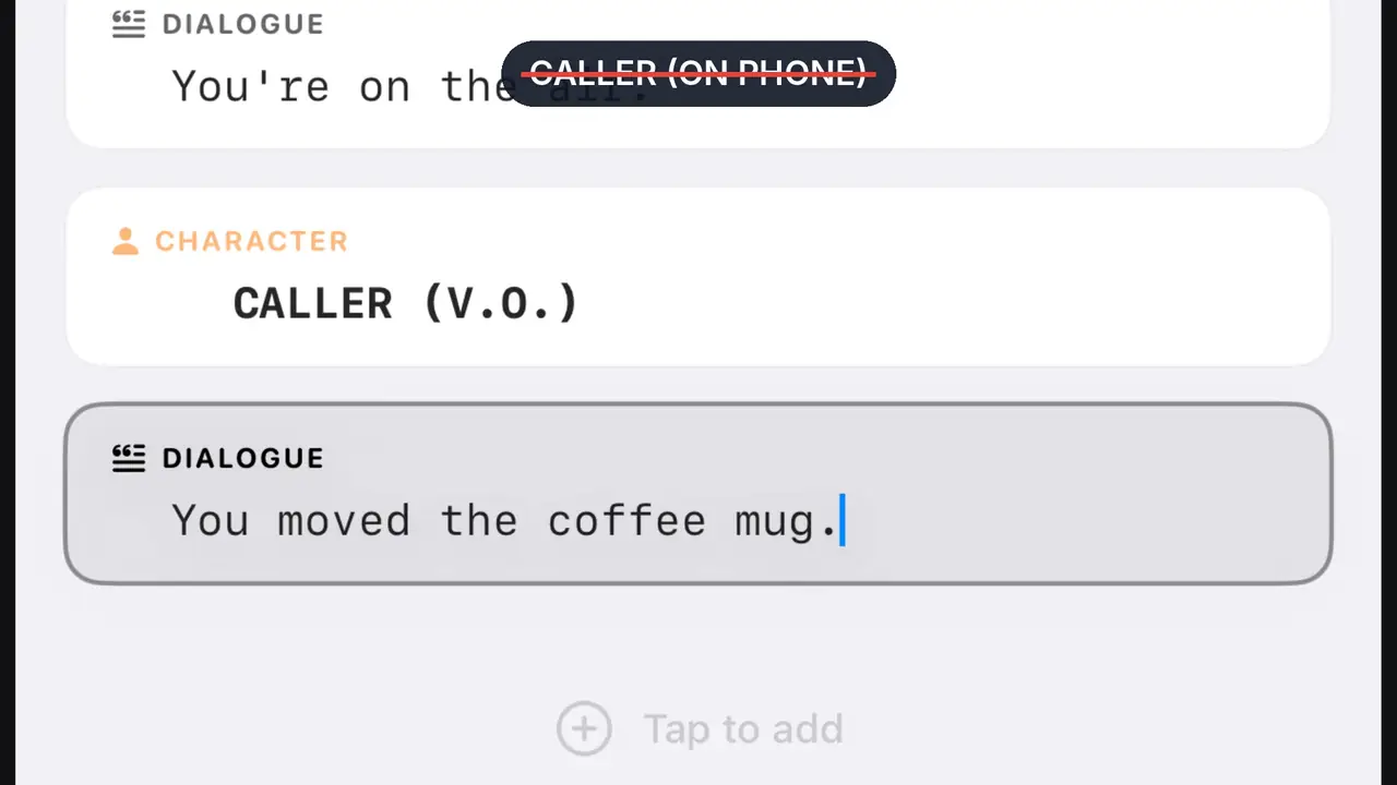 The Scenarist editor: the character line CALLER (V.O.) with the dialogue You moved the coffee mug, and a struck-out label CALLER (ON PHONE)