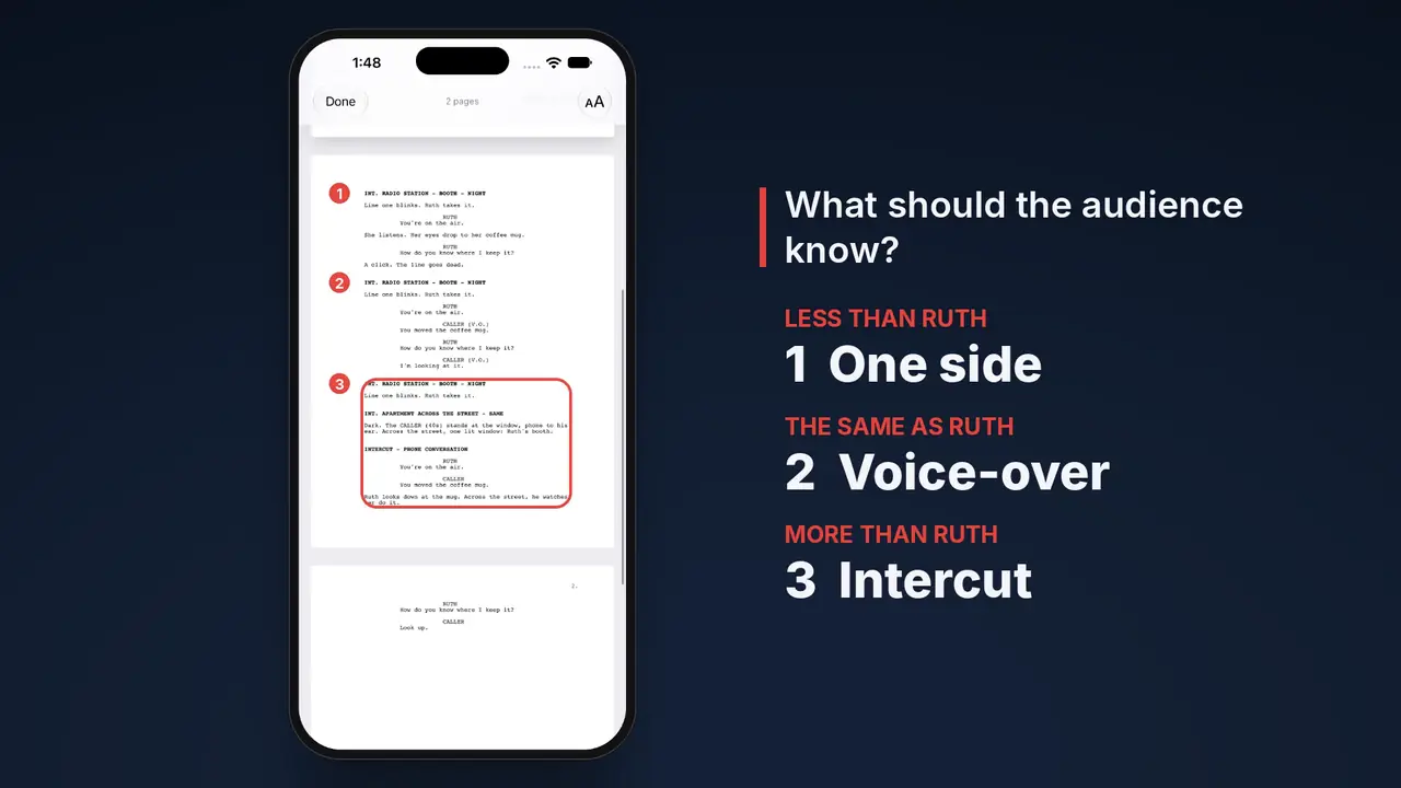 All three versions on the page in Scenarist's preview, beside the list: less than Ruth, one side; the same as Ruth, voice-over; more than Ruth, intercut