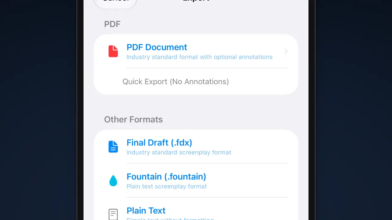 Scenarist's export sheet: PDF Document, then Final Draft (.fdx), Fountain (.fountain) and Plain Text