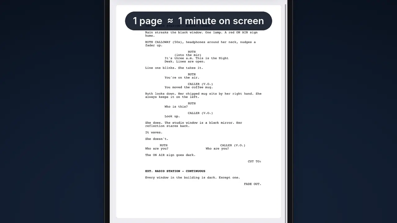 Script Preview on iPhone: the Dead Air page in Courier, labelled 1 page is about 1 minute on screen