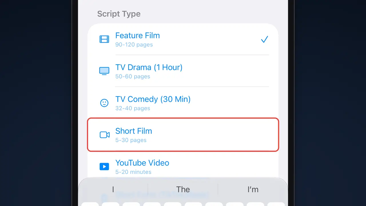 Scenarist's New Script sheet: Feature Film 90 to 120 pages, TV Drama, TV Comedy, Short Film 5 to 30 pages, YouTube Video