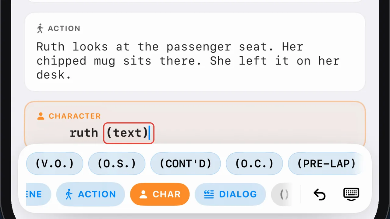 The Scenarist editor: a character line typed in lowercase, ruth (text), above the extension chips and the element chips