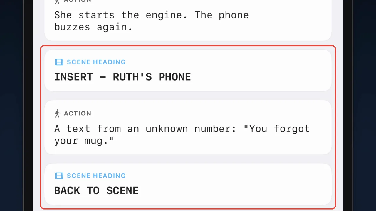 The Scenarist editor: INSERT - RUTH'S PHONE and BACK TO SCENE as scene headings, with the text from an unknown number between them