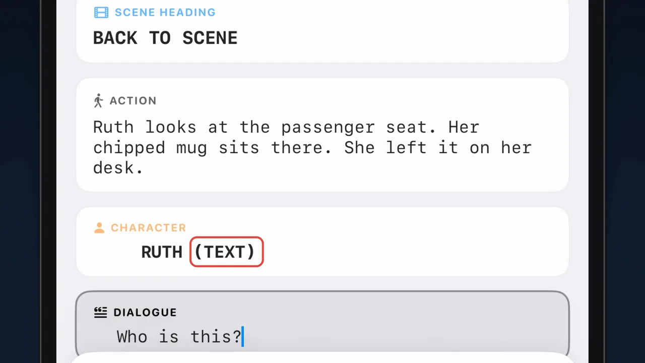 The Scenarist editor: the character line RUTH (TEXT), with (TEXT) circled, above the dialogue Who is this?