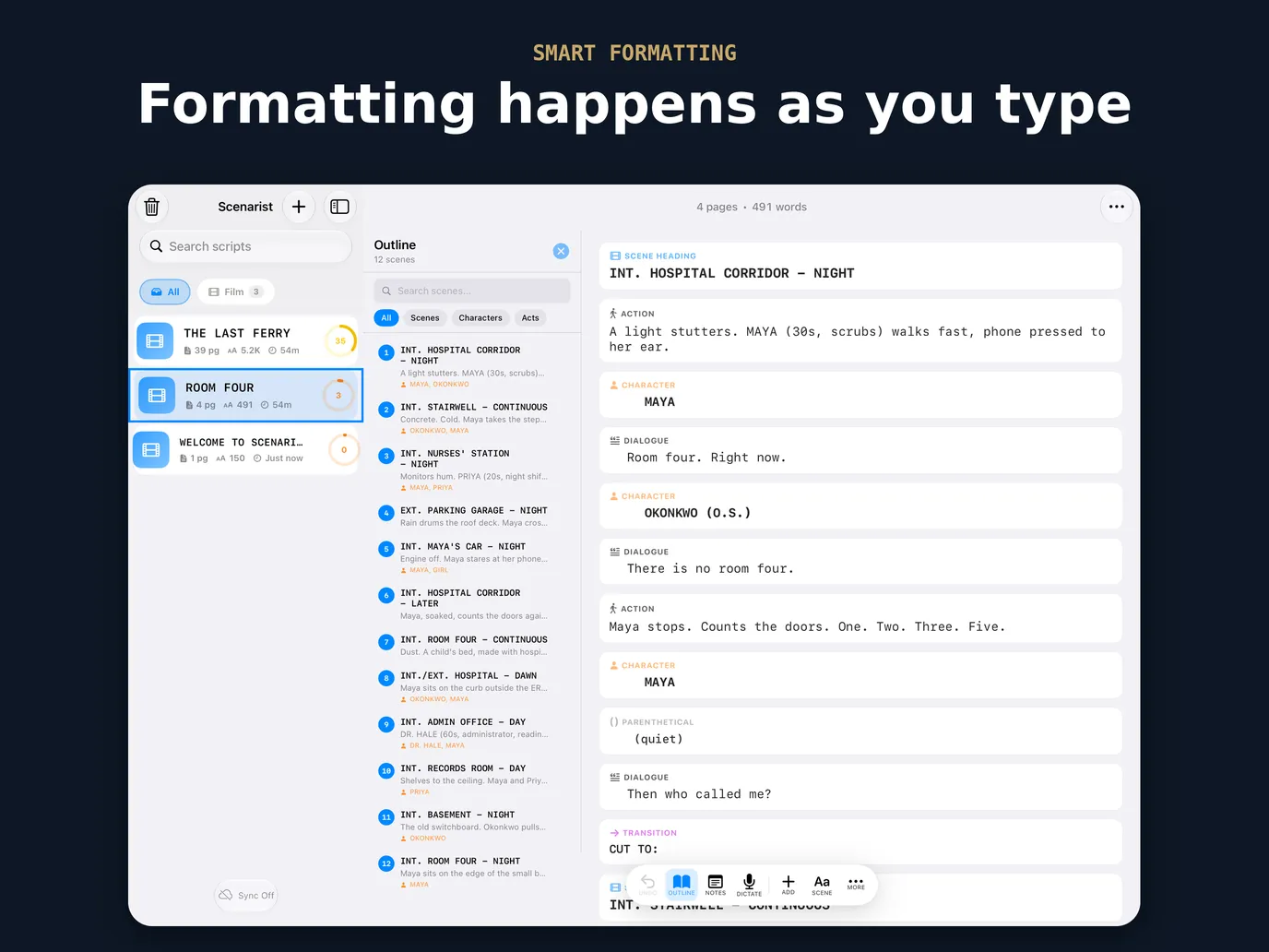Scenarist on iPad: the script list, the outline and the formatted editor side by side
