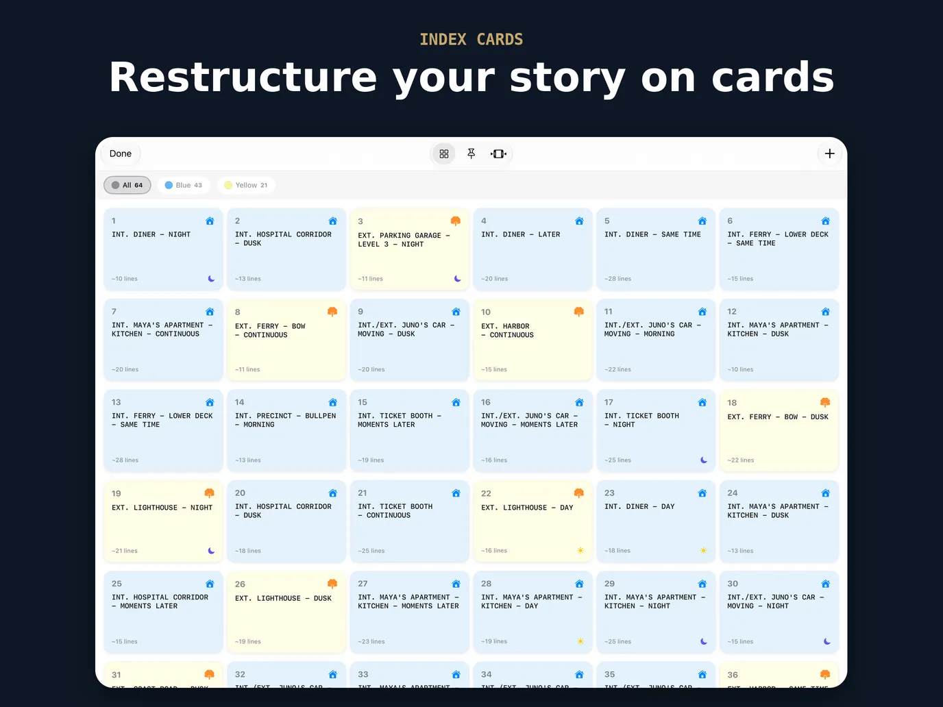 Index cards on iPad: a 64-scene feature laid out as colour-coded cards