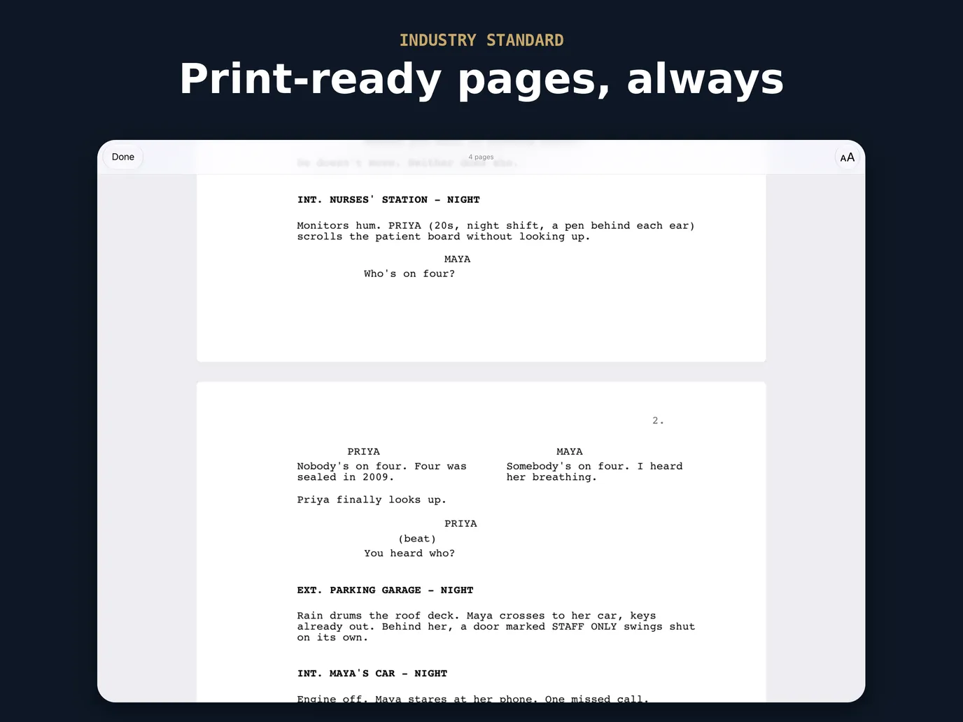 Print preview on iPad: two screenplay pages, with dual dialogue set side by side