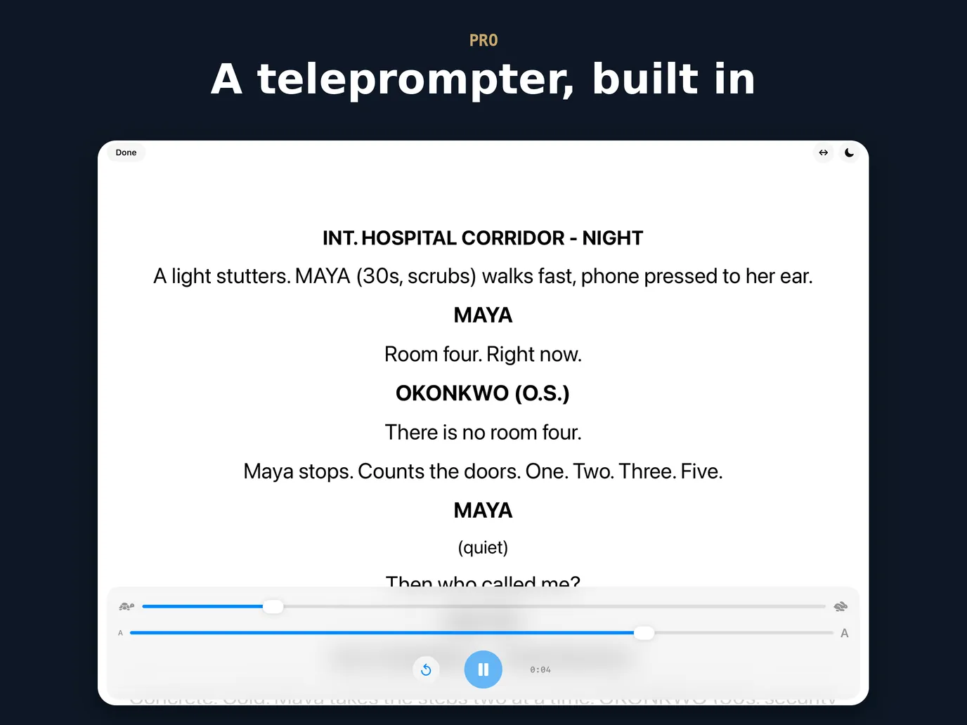 Teleprompter on iPad: the script scrolling in large type, with speed and size controls