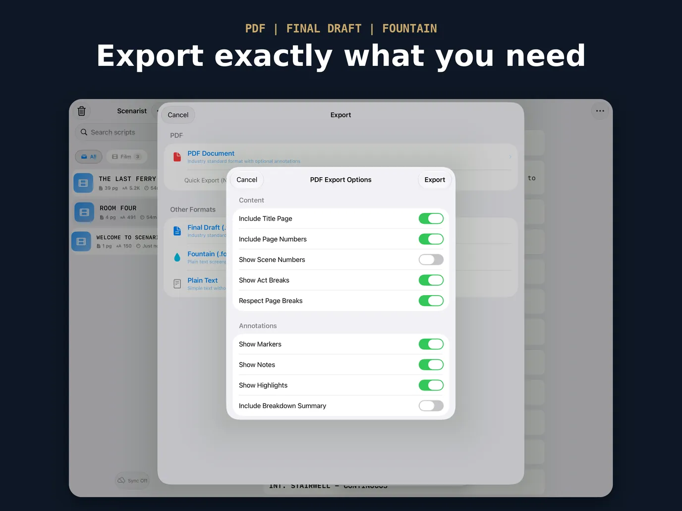 PDF export options on iPad, over the list of export formats