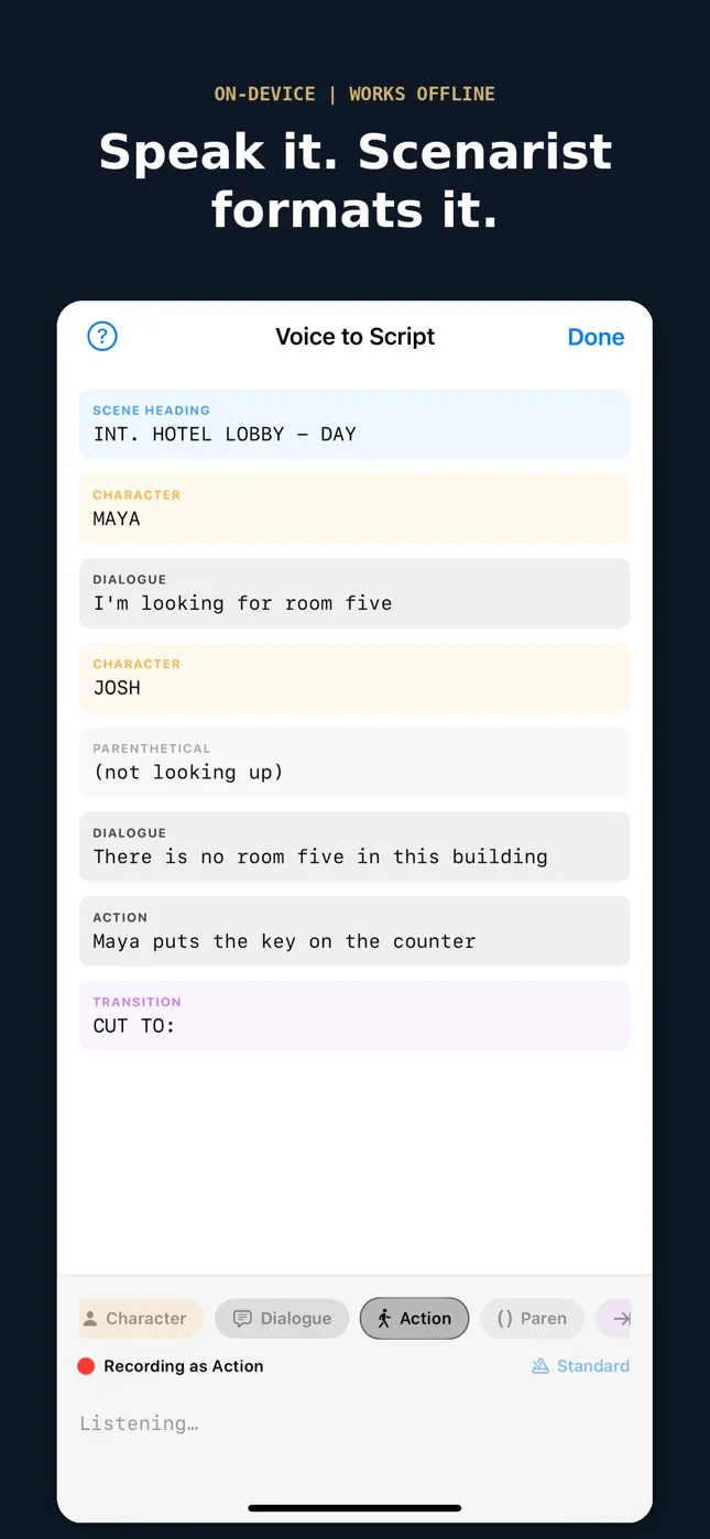 Voice to Script on iPhone: spoken lines turning into formatted screenplay elements