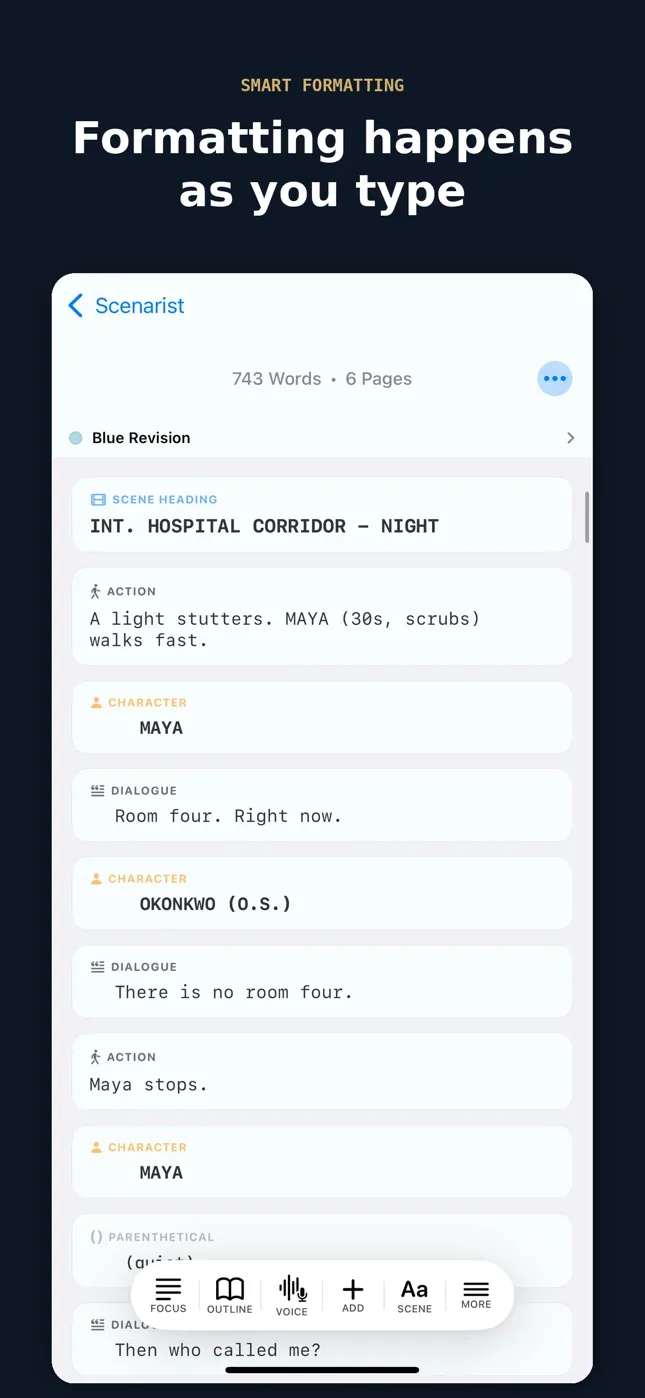 The editor on iPhone, formatting a scene as it is typed
