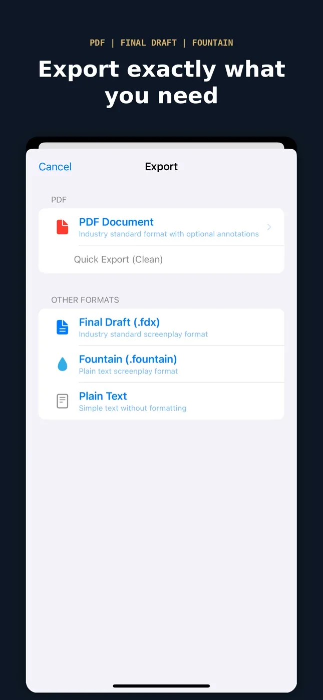 Export on iPhone: PDF, Final Draft, Fountain and plain text