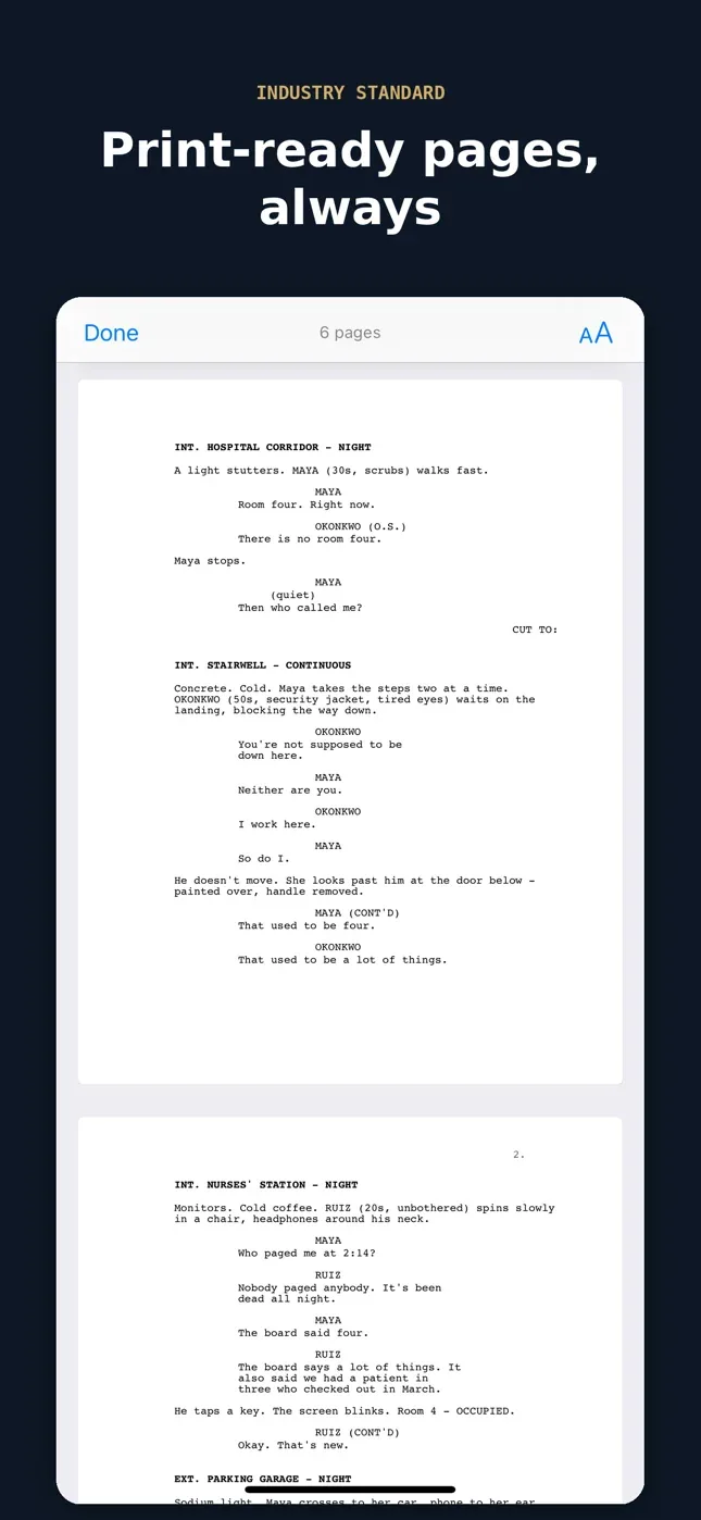 Print-ready screenplay pages on iPhone